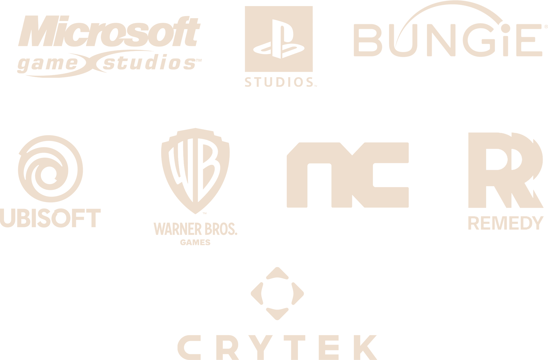 As individuals we have worked with Microsoft Game Studios, Playstation Studios, Bungie, Ubisoft, Warner Bros. Games, NC Soft, Remedy, Crytek.